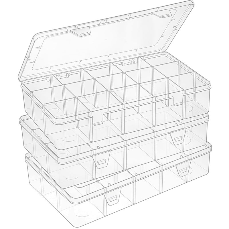 SGHUO 3 Pack 15 Grids Large Plastic Storage Organizer Box,15 Compartments with Dividers for Tackle Box, Beads, Washi Tape, Ribbon, Crafts, Art Supply 10.9X6.5X2.2inch - Image 1